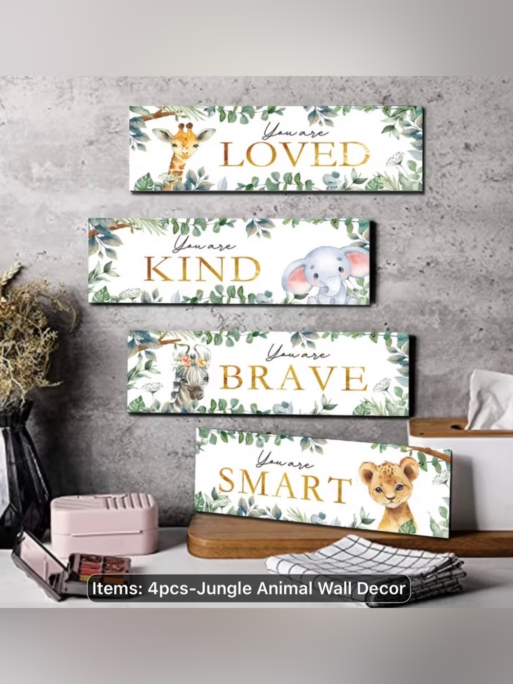 You Are Loved/Kind/Brave/Smart Jungle Animal Wall Decor - White/Green